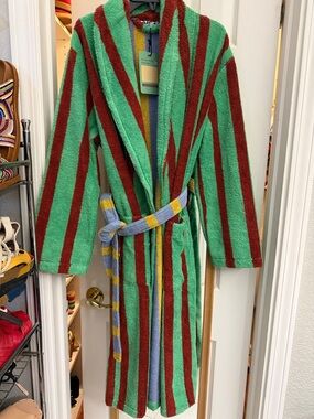 NWT Dusen Dusen Striped Terry Cloth Robe in Green & Red with Multicolor Belt